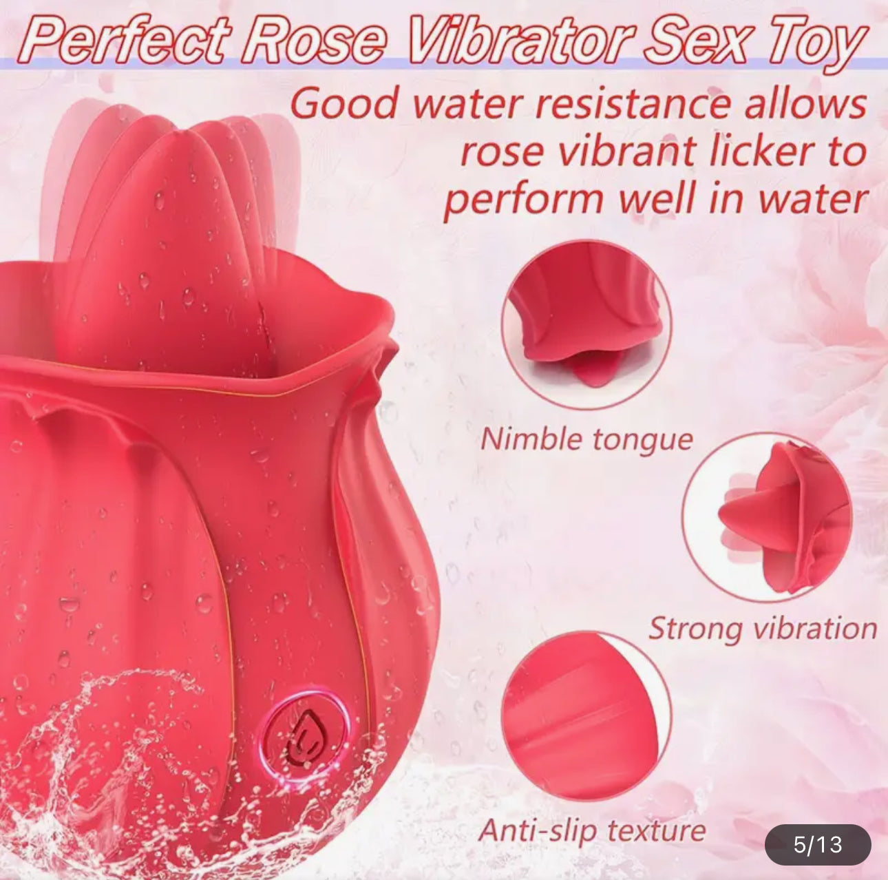 1pc Rose Tongue Licking Vibrator For Women, G Spot Nipple Stimulation Adult Toys, Vibrating Silicone Clitoral Vibrators, Sex Toys For Women