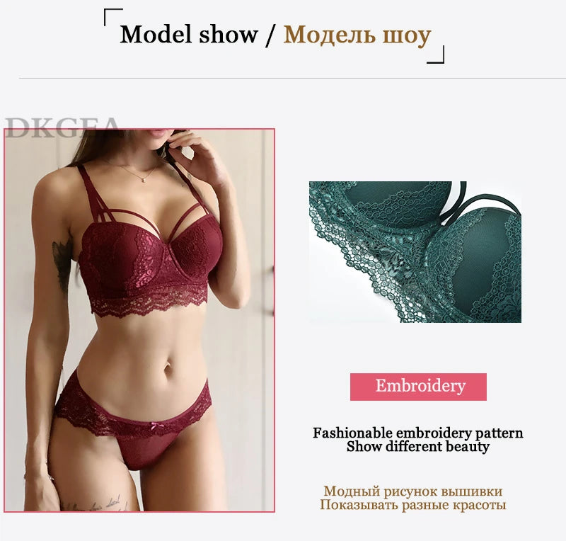 Bandage Sexy Underwear Lace Bra Set Cotton Comfortable Push Up Bras 3/4 Cup Deep V Brassiere Gather Women Lingerie Sets Green