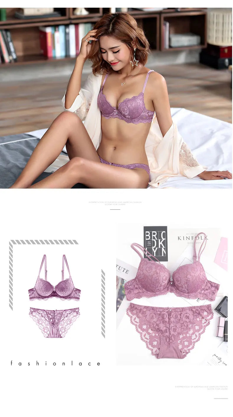 Logirlve Wholesale Sexy Push Up Bra Deep V Brassiere Thick Cotton Women Underwear Lace Purple Embroidery Flowers Lingerie 6pcs