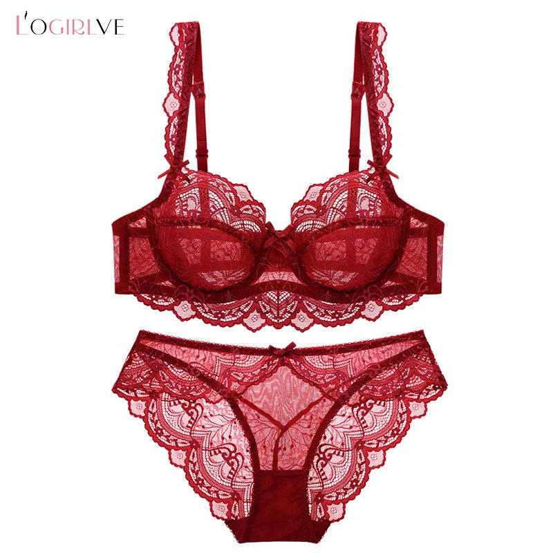 Logirlve Fashion Lady Sexy Bra Set Plus Size Brassiere Transparent Underwear Lace Embroidery Brand Women Lingerie Set Ultrathin