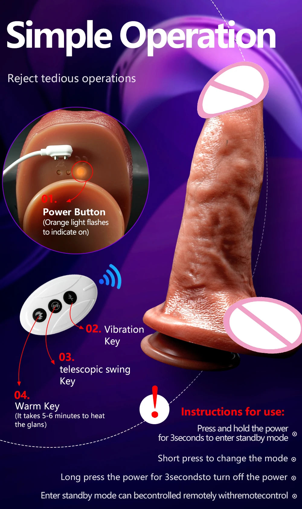 9.4in Huge Dildo Vibrator Dildo Heating Wireless Remote Realistic Penis Swing Dick Sex Toys Telescopic Dildo Vibrator For Women