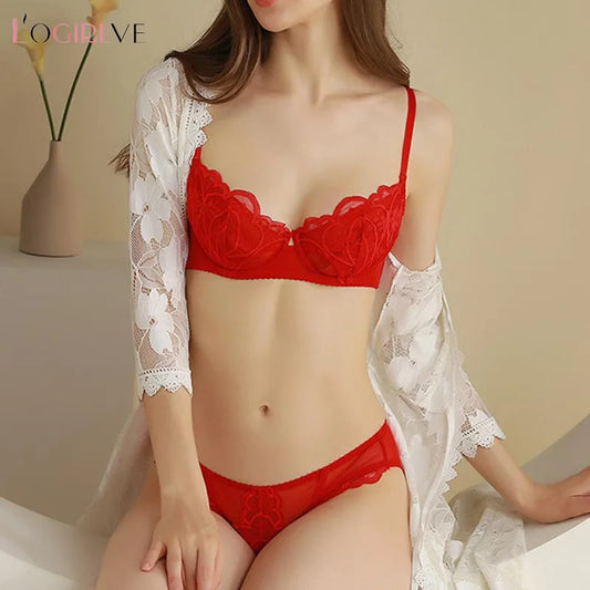 Logirlve Ultrathin Transparent Underwear Set Net yarn Brassiere Red Women Lingerie Sexy Plus Size CD Cup Bra Set Lace Embroidery