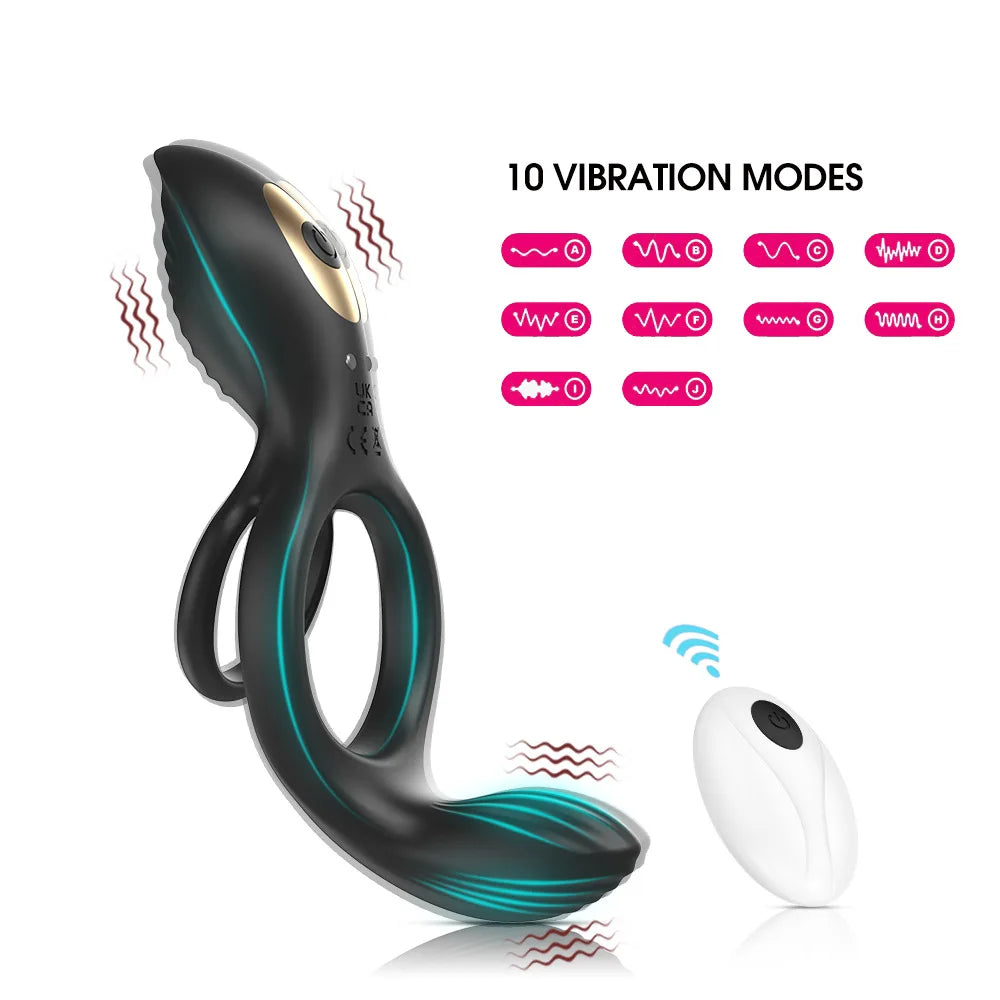 Dual Cock Ring Prostate Vibrator Sex Toys for Men Remote Control 10 Mode Testicle Massage Anal Butt Plug Penis Ring Male