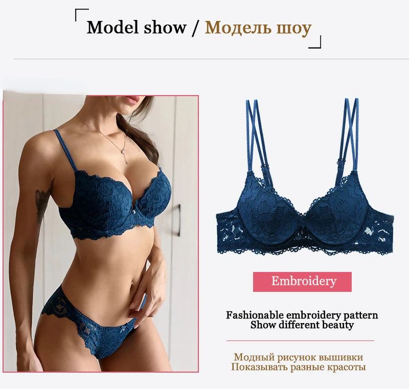 Embroidery Sexy Underwear Set Lace Blue Brassiere A B C Cup Thick Cotton Women Push Up Bra and Panties Set Brand Lingerie Deep V