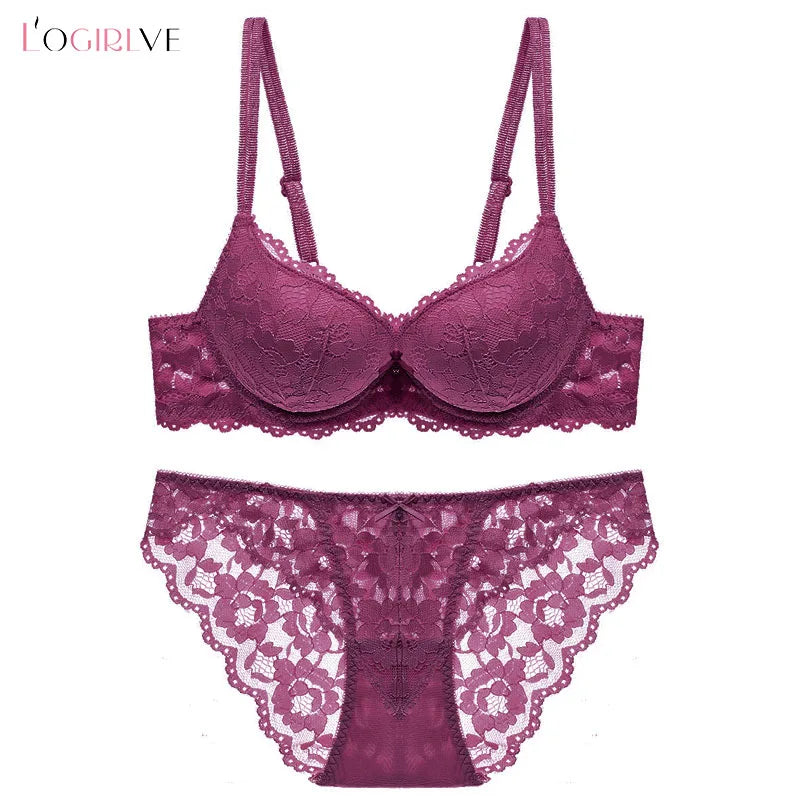 Logirlve Wholesale Sexy Push Up Bra Deep V Brassiere Thick Cotton Women Underwear Lace Purple Embroidery Flowers Lingerie 6pcs